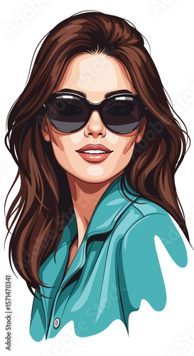 Stylish woman with long brown hair and teal jacket, wearing sunglasses, in a fashion illustration.