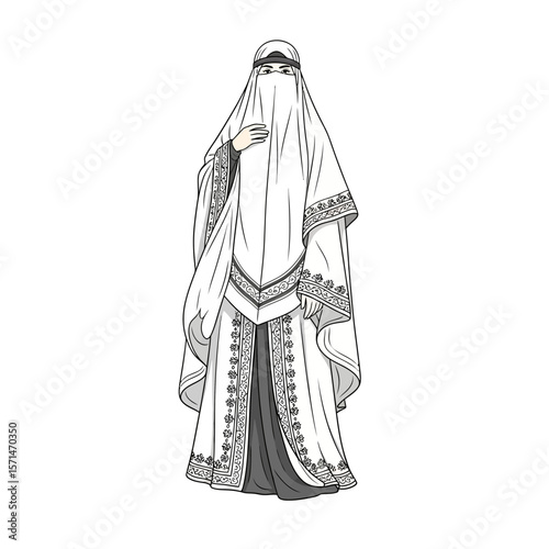 Elegant woman in a flowing white niqab and intricately patterned abaya.