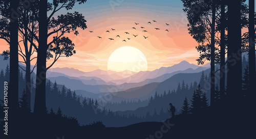 A serene landscape featuring a sunset over layered mountain ranges, with trees and birds.