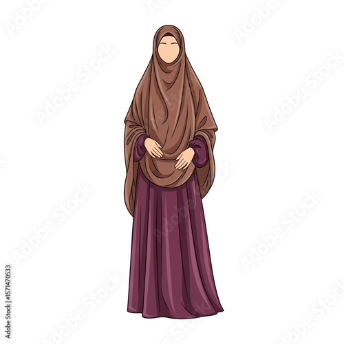Full-length illustration of a woman wearing a traditional Muslim hijab and dress.