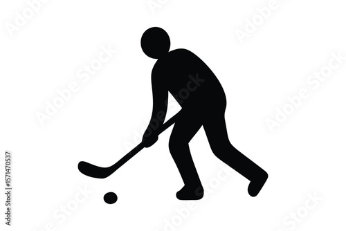 A silhouetted figure of a hockey player in a dynamic pose, bending forward while gripping a hockey stick. The player is poised to hit a puck on the ground, with one leg extended and the other slightly
