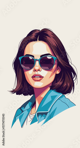 Stylish woman with sunglasses and a denim jacket, a vibrant digital portrait.