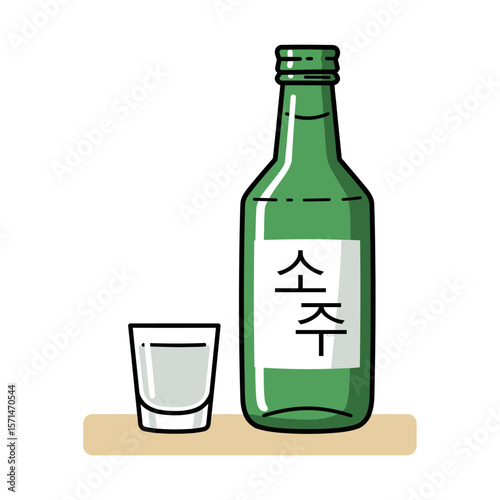 Flat vector of Korean soju bottle with “소주” Hangul label and shot glass on beige table, bold black outlines, minimal solid colors, clean white background, perfect for Korean culture or drinking theme.