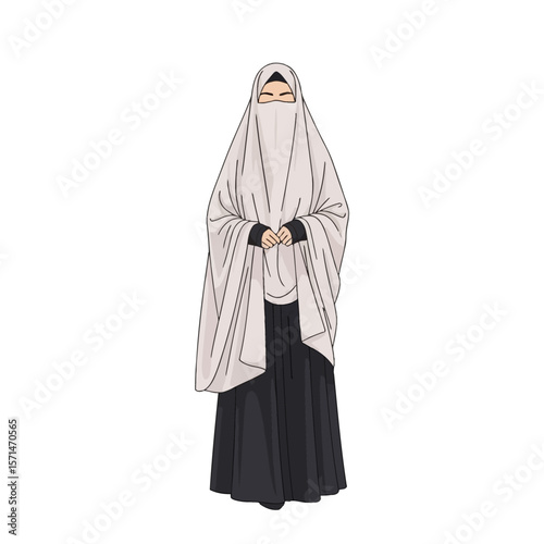 A woman in a full white hijab and black dress stands with her hands clasped.