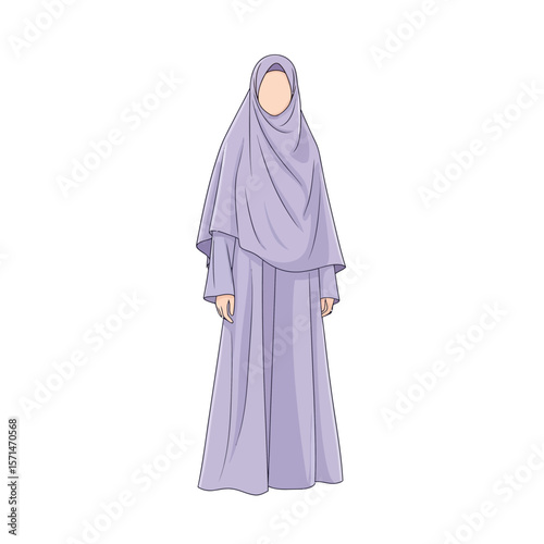 A woman in a light purple hijab and abaya stands gracefully against a white background.