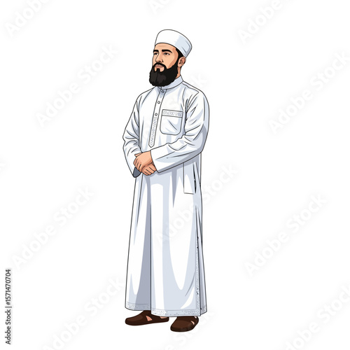 A man in traditional white attire, standing with hands clasped, looking forward.