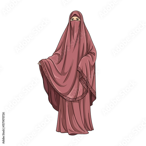 A woman in traditional Muslim attire, a full-length illustration of a modest dress.
