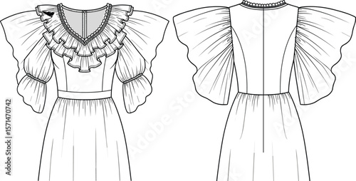 Elegant Long Dress Fashion Sketch with Puffed Sleeves and Ruffled Bodice, Front and Back Design for Stylish Apparel Illustration