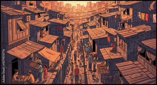 An illustration depicts a densely populated slum with crowded streets and makeshift housing under a bright, hazy sky.