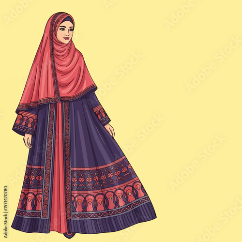 Illustration of a woman wearing traditional Islamic clothing, standing gracefully.