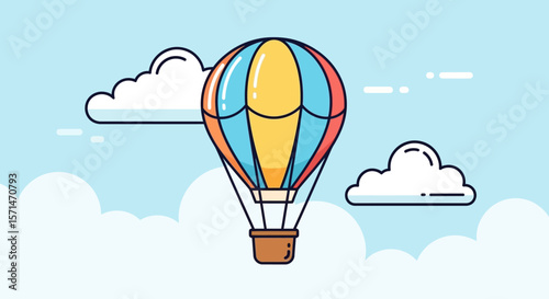 A colorful hot air balloon floats serenely amidst fluffy white clouds in a light blue sky.