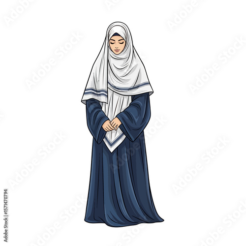 A stylized illustration of a woman in traditional Muslim attire, respectfully bowed.