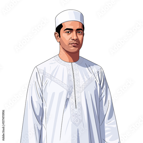 Portrait of a man in traditional white attire, looking directly at the viewer.