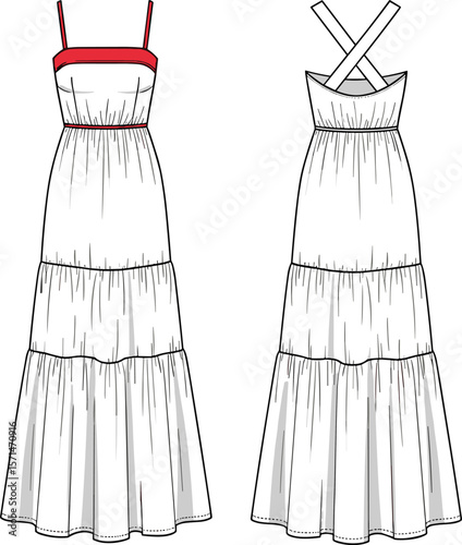 Tiered maxi dress sketch, red strap accents, crisscross back, fitted bodice, flowing skirt, fashion illustration, clothing design, garment drawing