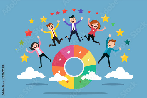 Cheerful business team jumping around a colorful chart. Celebrating success and achievements. Five people smiling and jumping in the air with joy and enthusiasm. Stars around them.