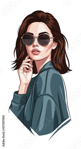 Illustration of a stylish woman with sunglasses, hand to face, wearing a jacket, against a white background.