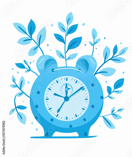 An illustration of a blue alarm clock adorned with leaves, symbolizing the connection between time and nature, and evoking themes of growth, deadlines and life cycles.