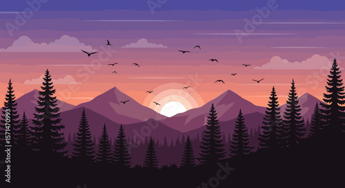 Serene sunset over majestic mountains, silhouetted against a vibrant sky, with a flock of birds in flight.