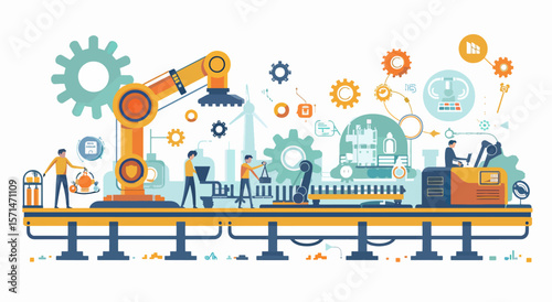 Illustrated assembly line with factory workers and robot arms. A factory with people, robots and gears. Industry, production, machine, automated, manufacturing.