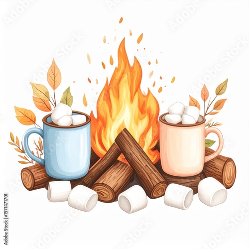 Two Mugs Of Hot Chocolate By A Campfire With Marshmallows