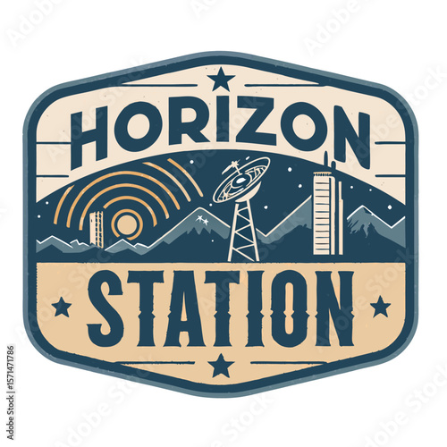 A vintage-style graphic patch depicting a futuristic horizon station with a prominent radar dish against a sky.