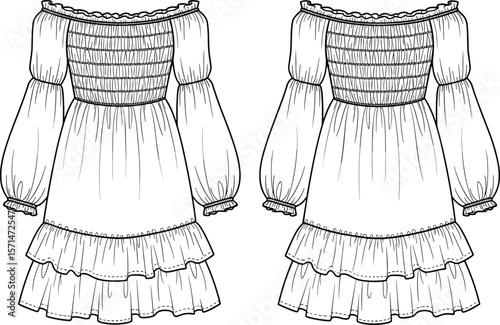 Off-shoulder ruffled dress fashion sketch, smocked bodice, puff sleeves, tiered hemline, front and back view, garment design illustration