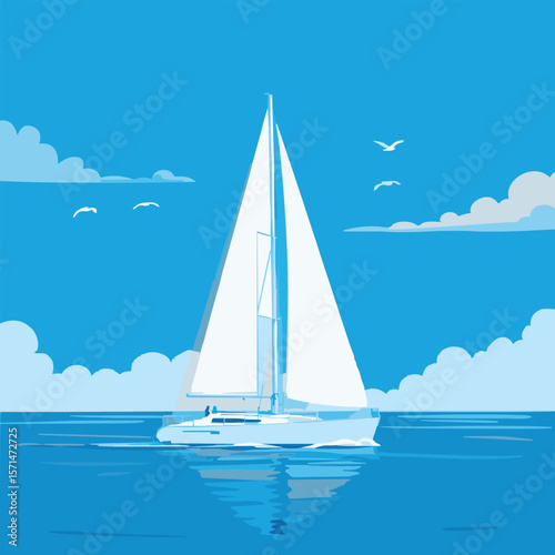 A sailboat glides across the summer sea, its sails catching the wind under a vast sky, a perfect symbol of nautical leisure and ocean travel