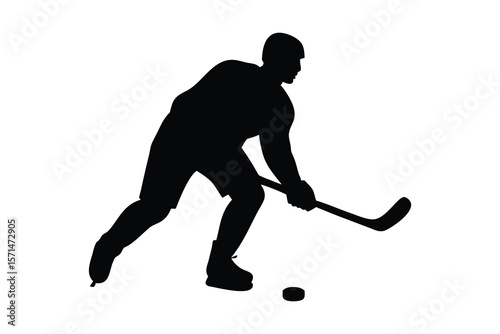 A silhouetted figure of a hockey player in a dynamic pose, bending forward while gripping a hockey stick. The player is poised to hit a puck on the ground, with one leg extended and the other slightly
