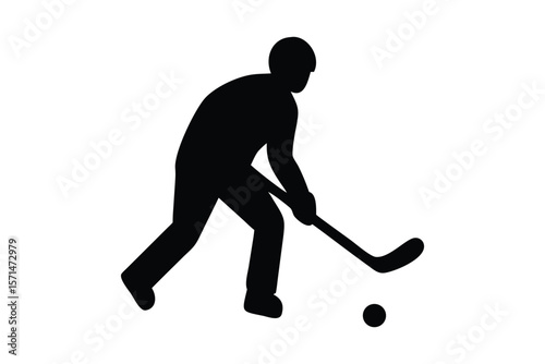 A silhouetted figure of a hockey player in a dynamic pose, bending forward while gripping a hockey stick. The player is poised to hit a puck on the ground, with one leg extended and the other slightly