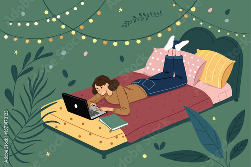 Vector student lying on bed, laptop on blanket, fairy hovers nearby. Relaxed pose, cozy atmosphere.