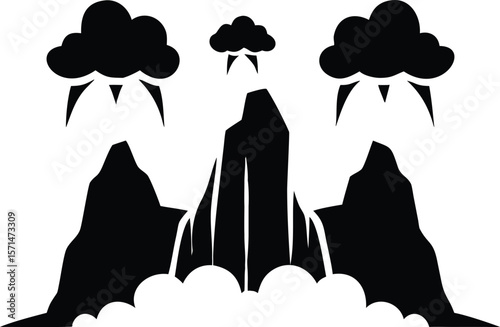 Black and white illustration three volcanic mountains clouds smoke minimalist graphic design volcano