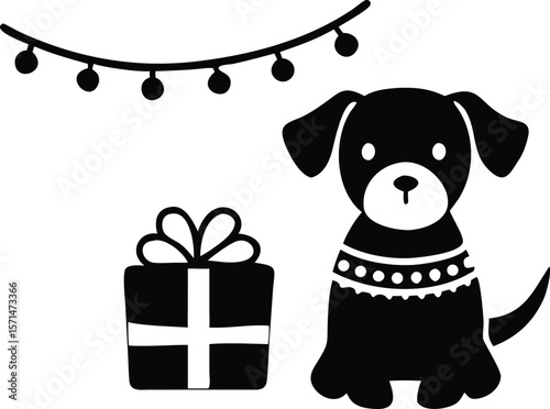 Black and White Illustration of Dog with Gift and Festive Garland puppy