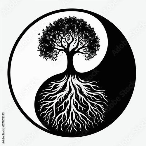 Yin and Yang with Tree and Roots SVG