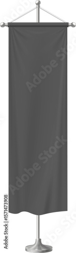Blank of black long pennant flag, vector 3d canvas hanging on pole stand, realistic textile vertical banner on flagpole