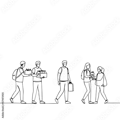 People cooperating and sharing food supplies in minimal line art style  
