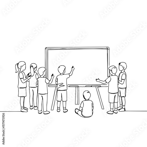 Children collaborating and drawing on whiteboard in classroom  