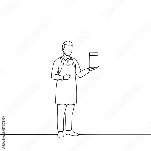 Male shopkeeper holding container and presenting product with a smile  