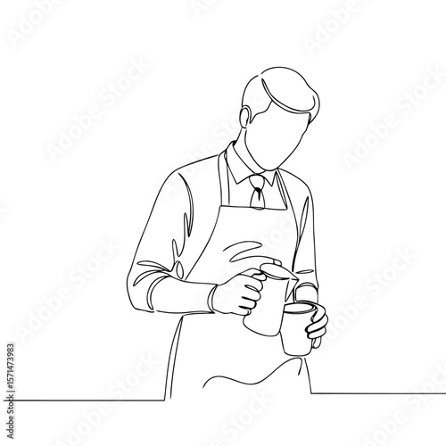 Man preparing coffee by pouring milk into cup in minimal style  