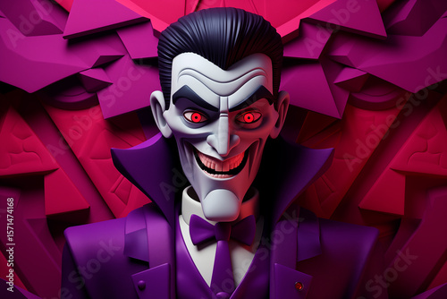 3D illustration of a vampire in a purple suit laughing creepily against a red abstract background. Image created with AI