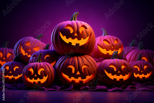 Illustration of carved Halloween pumpkins with illuminated happy faces, stacked on a purple background. Image created with AI