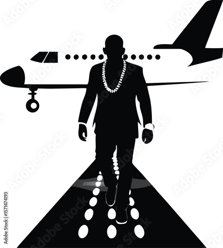 Black and White Silhouette of Man in Suit Walking Towards Private Jet Runway vector