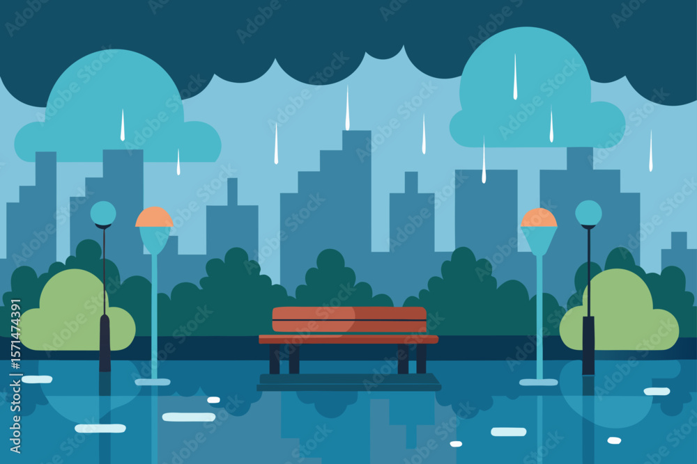 Obraz premium Rainy Day City Park Scene With Puddles Reflecting