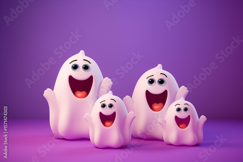 Illustration of cute ghosts with open mouths, spooking on Halloween against a purple background. Image created with AI
