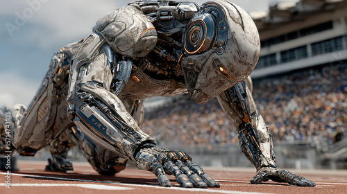 Humanoid robot in starting position on running track ready for race with blurred stadium crowd in background