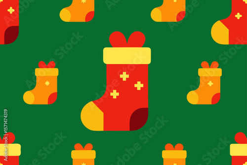 Christmas Sock With Gifts Seamless Pattern Pro Vector