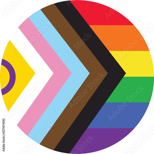 Intersex-inclusive Progress Pride Flag round icon, LGBTQIA circle symbol
