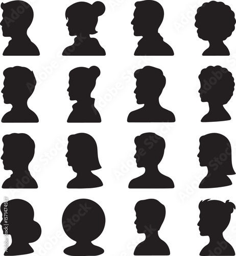 Collection of Diverse Profile Silhouettes Male, Female, and Child Headshots