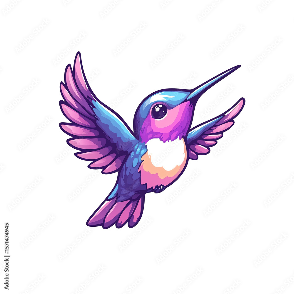 Obraz premium Adorable Cartoon Hummingbird in Flight: Vibrant Purple and Blue Wings, Cute Design for Kids, Nature, and Spring Themes. Perfect for T-shirts, Stickers, and Social Media.