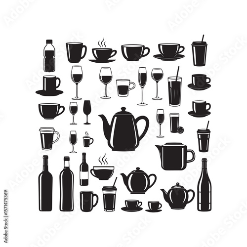 A Diverse Collection of Drinkware Icons Cups, Glasses, Teapots, and Bottles