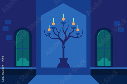 Traditional Room With Glowing Chandelier And Tree